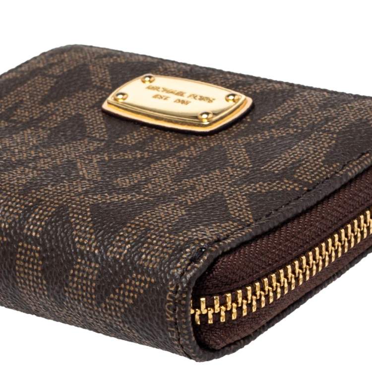 Pre Owned  Michael Kors Brown Signature Coated Canvas Zip Around Compact Wallet