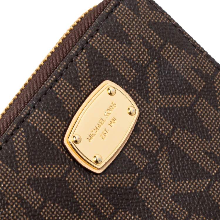Pre Owned  Michael Kors Brown Signature Coated Canvas Zip Around Compact Wallet