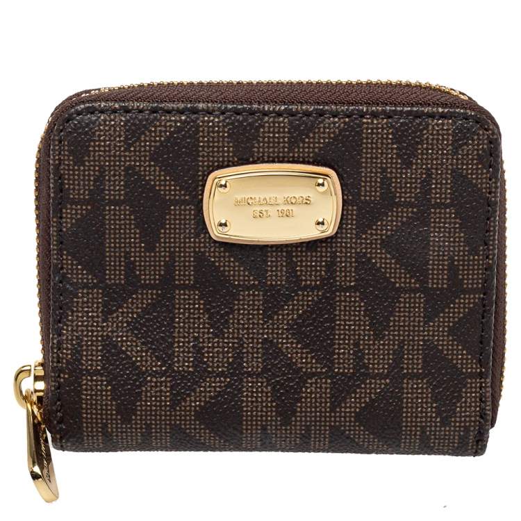Michael Kors Brown Signature Coated Canvas Zip Around Compact