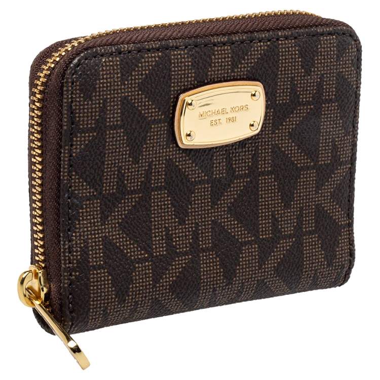 Pre Owned  Michael Kors Brown Signature Coated Canvas Zip Around Compact Wallet