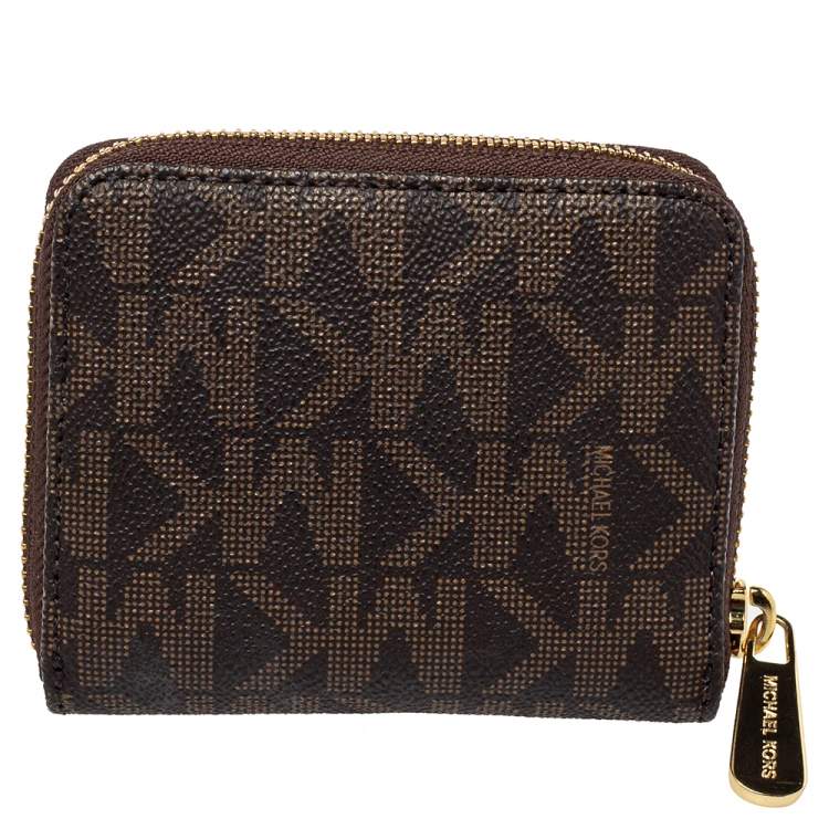 Pre Owned  Michael Kors Brown Signature Coated Canvas Zip Around Compact Wallet