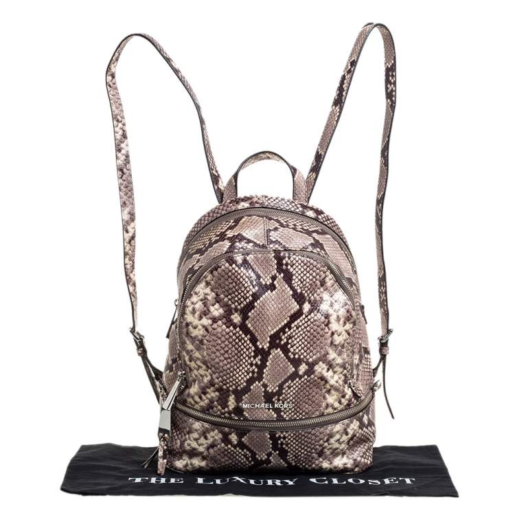 Pre Owned Michael Kors Beige/Brown Python Embossed Leather Small Rhea Backpack
