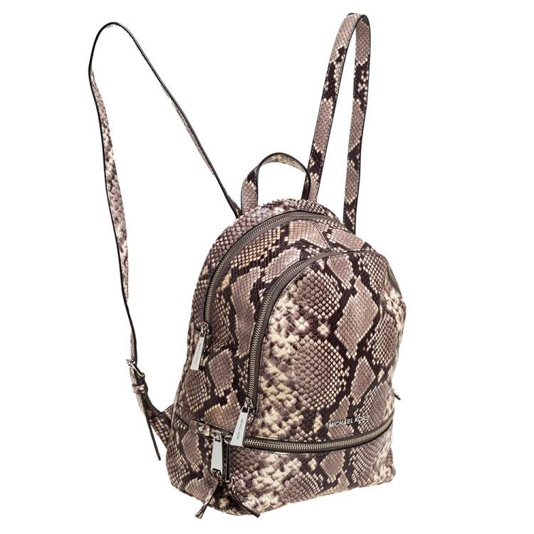 Pre Owned Michael Kors Beige/Brown Python Embossed Leather Small Rhea Backpack
