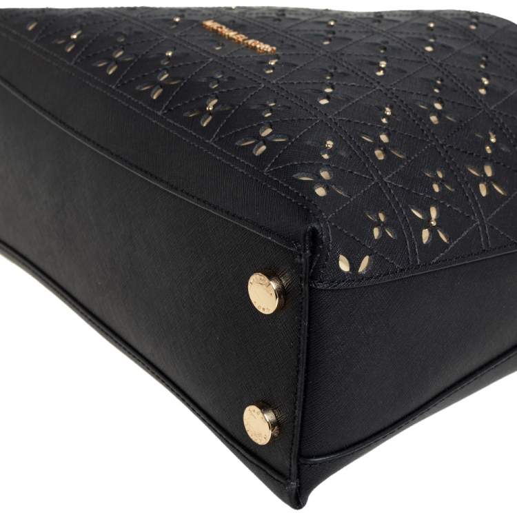 Pre Owned Michael Kors Black Floral Perforated Leather Portia Satchel