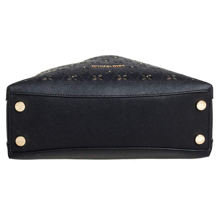 Pre Owned Michael Kors Black Floral Perforated Leather Portia Satchel