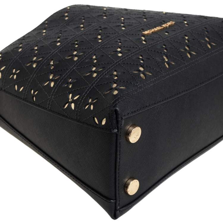 Pre Owned Michael Kors Black Floral Perforated Leather Portia Satchel