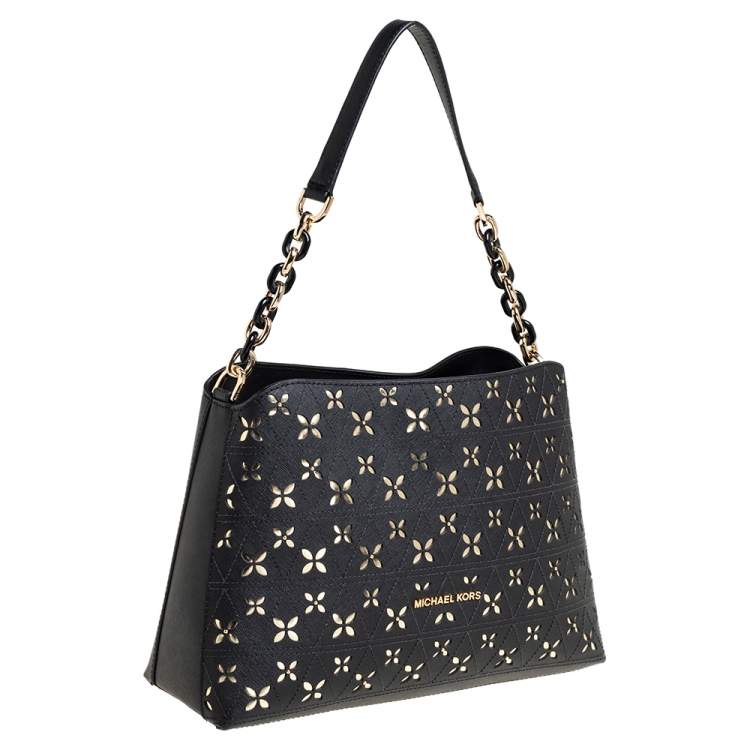 Pre Owned Michael Kors Black Floral Perforated Leather Portia Satchel