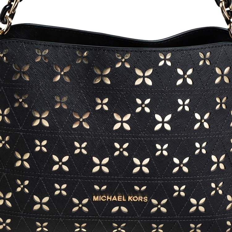 Pre Owned Michael Kors Black Floral Perforated Leather Portia Satchel