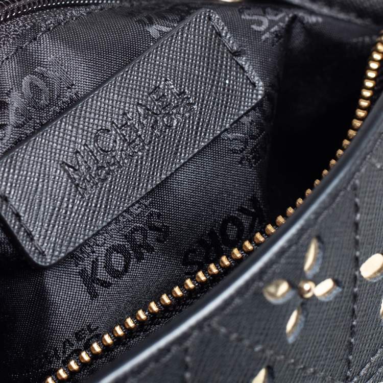 Pre Owned Michael Kors Black Floral Perforated Leather Portia Satchel
