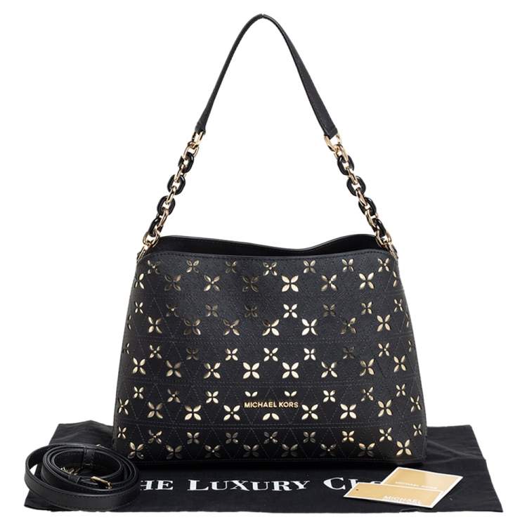 Pre Owned Michael Kors Black Floral Perforated Leather Portia Satchel