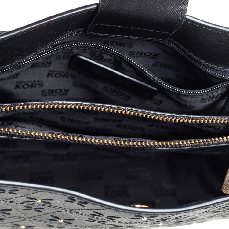 Pre Owned Michael Kors Black Floral Perforated Leather Portia Satchel