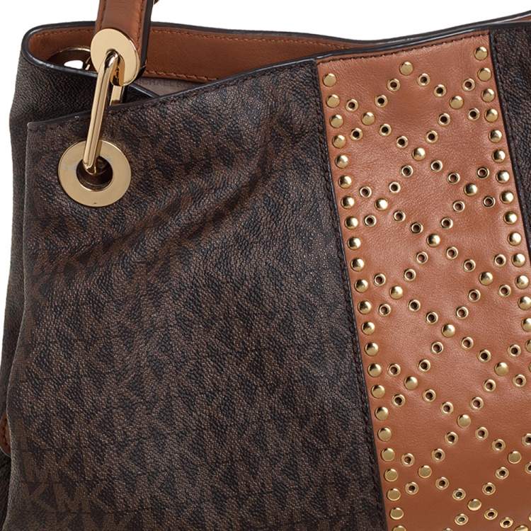 Pre Owned Michael Kors Brown Signature Coated Canvas and Leather Raven Studded Shoulder Bag