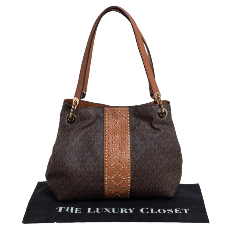 Pre Owned Michael Kors Brown Signature Coated Canvas and Leather Raven Studded Shoulder Bag