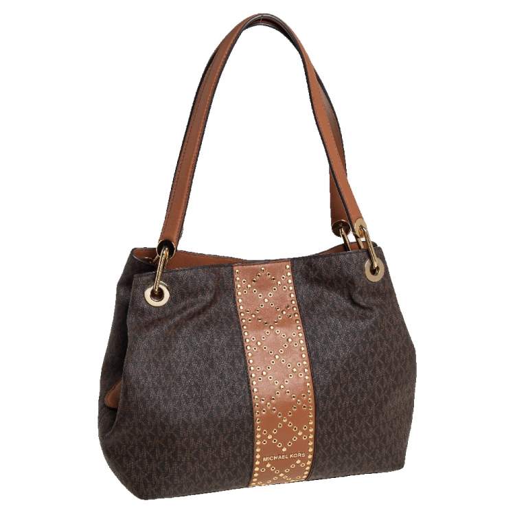 Pre Owned Michael Kors Brown Signature Coated Canvas and Leather Raven Studded Shoulder Bag