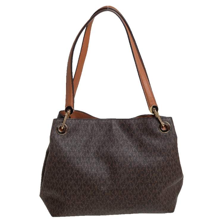 Pre Owned Michael Kors Brown Signature Coated Canvas and Leather Raven Studded Shoulder Bag