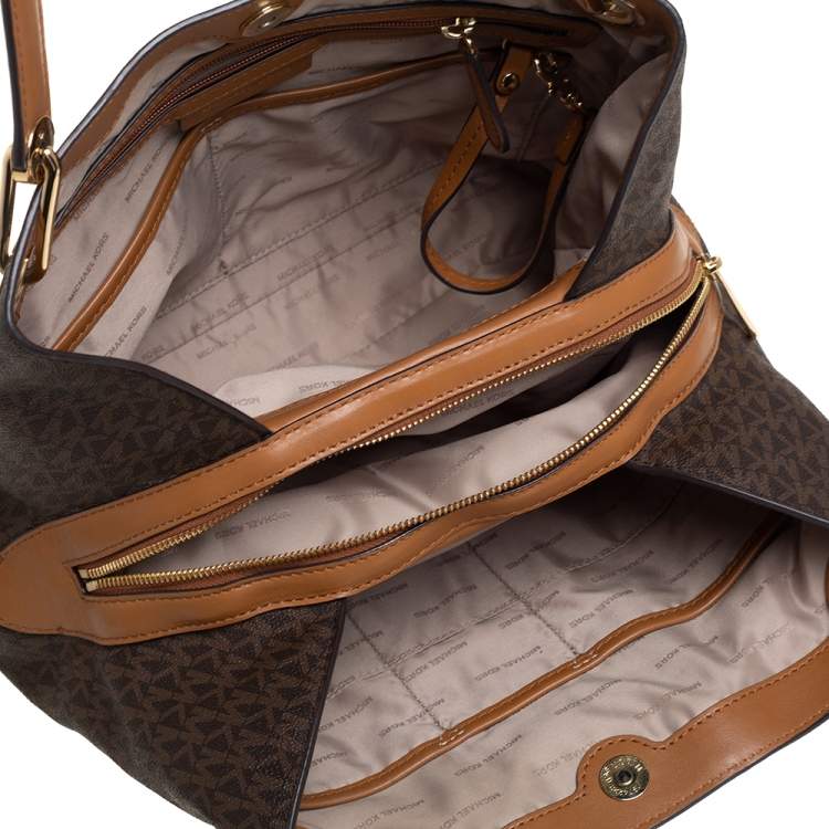 Pre Owned Michael Kors Brown Signature Coated Canvas and Leather Raven Studded Shoulder Bag