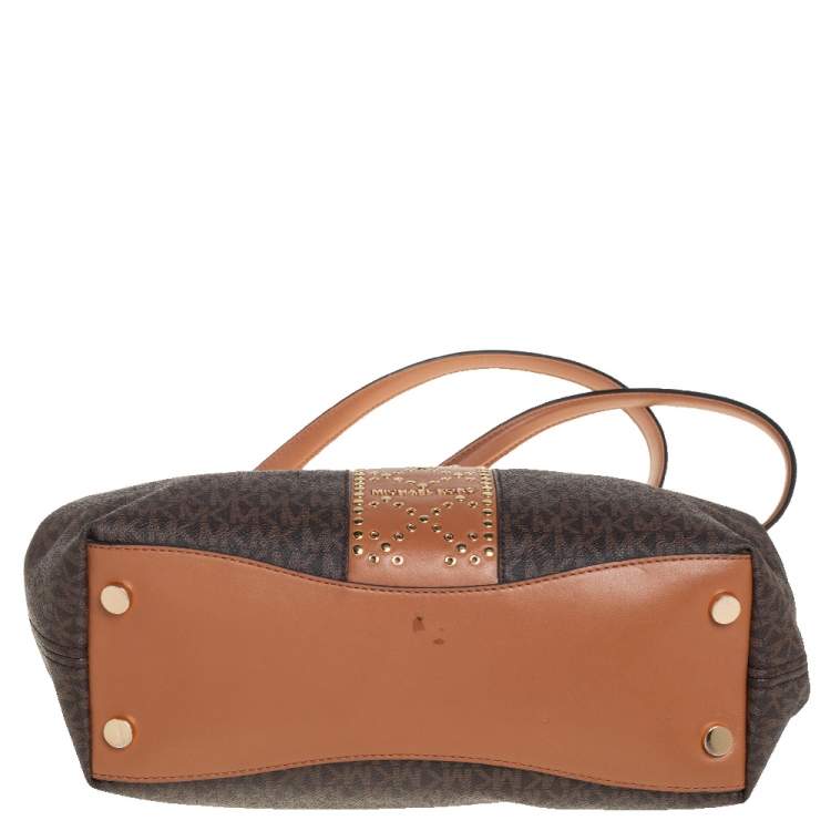 Pre Owned Michael Kors Brown Signature Coated Canvas and Leather Raven Studded Shoulder Bag