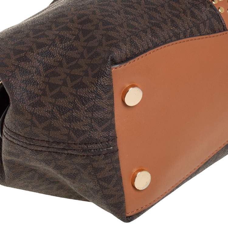 Pre Owned Michael Kors Brown Signature Coated Canvas and Leather Raven Studded Shoulder Bag