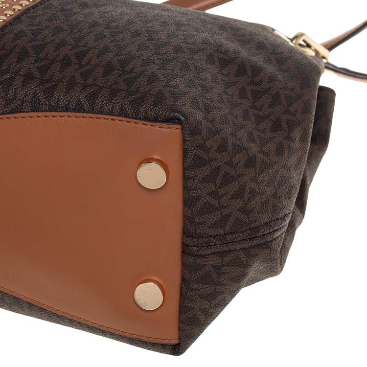 Pre Owned Michael Kors Brown Signature Coated Canvas and Leather Raven Studded Shoulder Bag