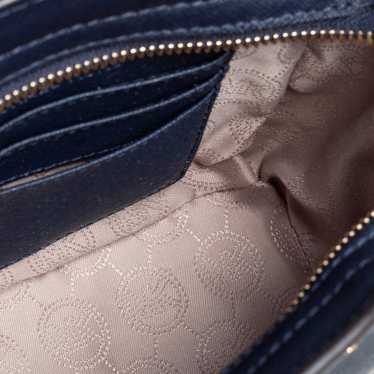 Pre Owned Michael Kors Navy Blue/White Leather Mini Selma Crossbody Bag