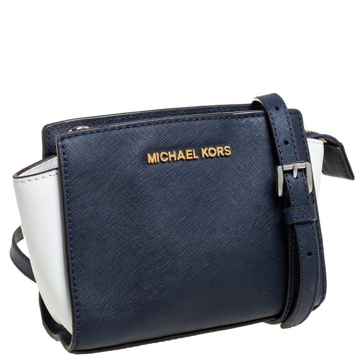 Pre Owned Michael Kors Navy Blue/White Leather Mini Selma Crossbody Bag