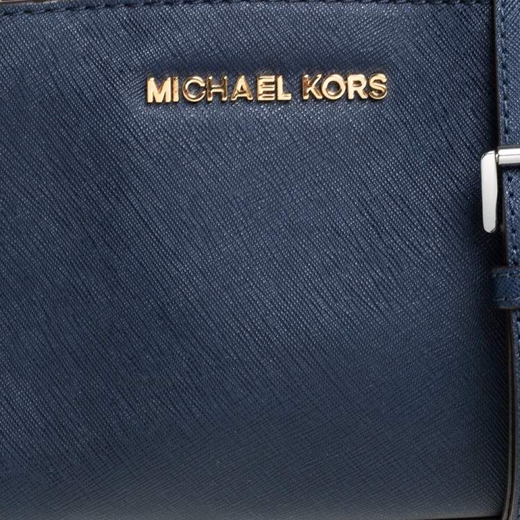 Pre Owned Michael Kors Navy Blue/White Leather Mini Selma Crossbody Bag