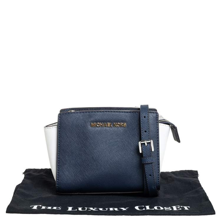 Pre Owned Michael Kors Navy Blue/White Leather Mini Selma Crossbody Bag