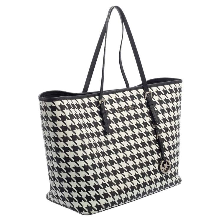 Pre Owned Michael Kors Hounds tooth Printed Leather Jet Set Travel Tote