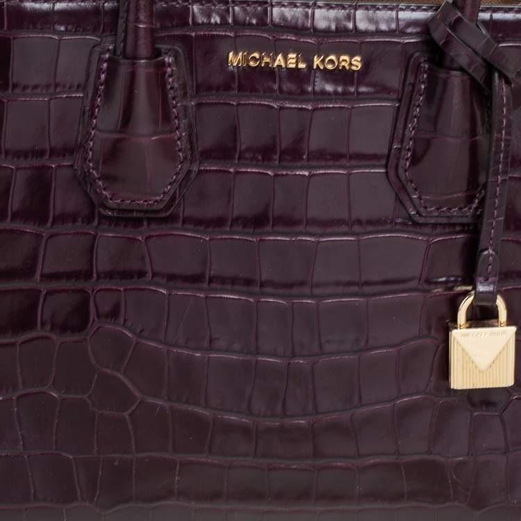 Pre Owned Michael Kors Plum Croc Embossed Leather Mini Mercer Tote