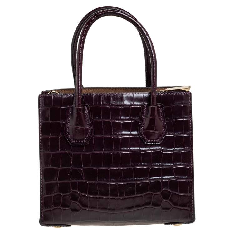 Pre Owned Michael Kors Plum Croc Embossed Leather Mini Mercer Tote