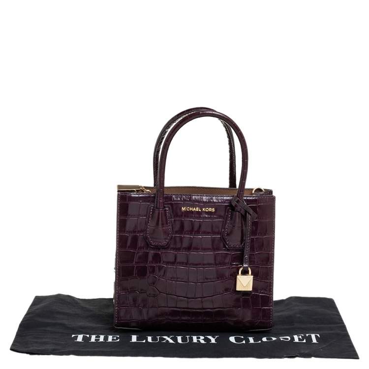 Pre Owned Michael Kors Plum Croc Embossed Leather Mini Mercer Tote
