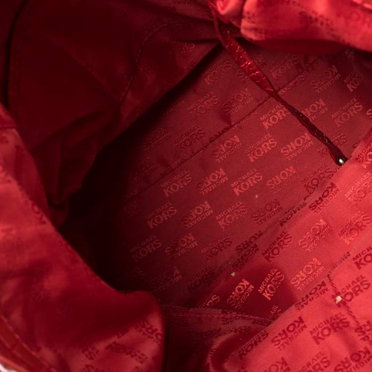 Pre Owned Michael Kors Red Croc Embossed Patent Leather Delancy Tote