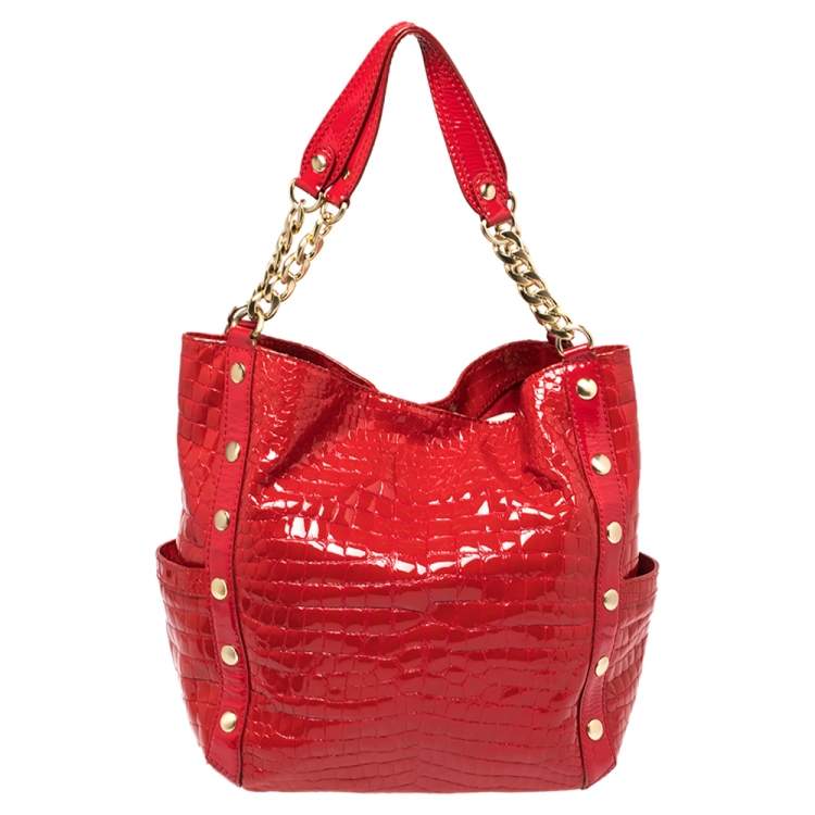 Pre Owned Michael Kors Red Croc Embossed Patent Leather Delancy Tote