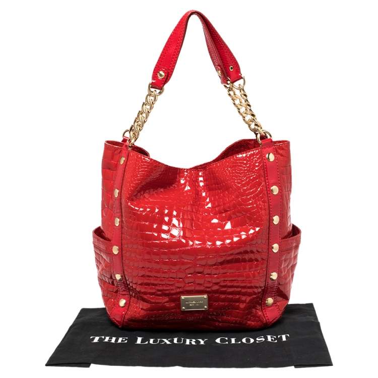 Pre Owned Michael Kors Red Croc Embossed Patent Leather Delancy Tote