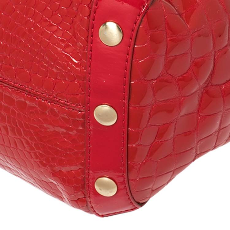 Pre Owned Michael Kors Red Croc Embossed Patent Leather Delancy Tote