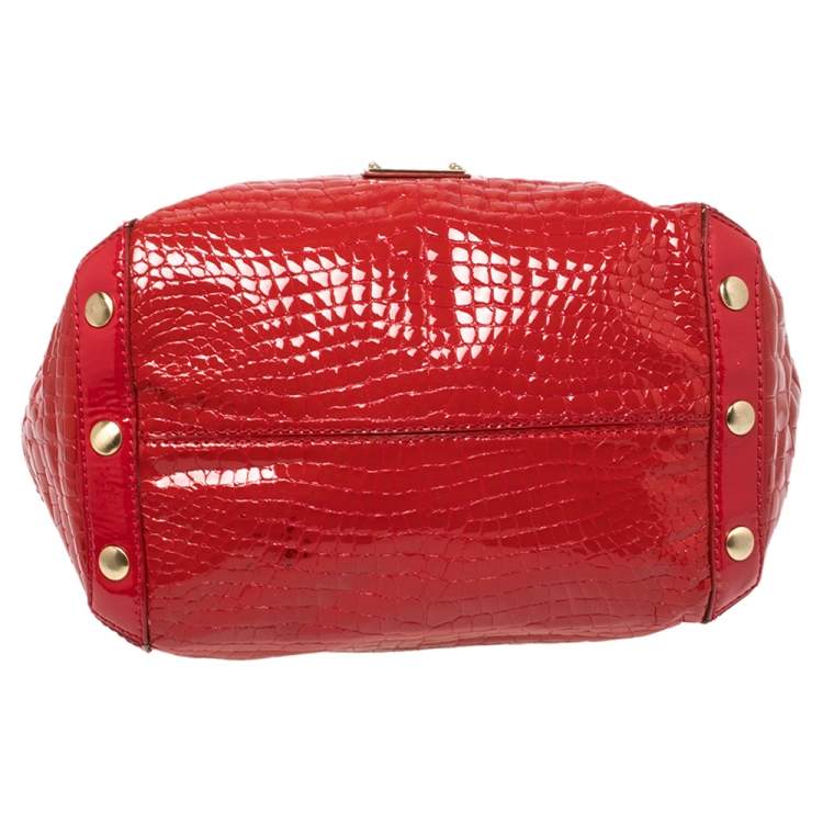 Pre Owned Michael Kors Red Croc Embossed Patent Leather Delancy Tote