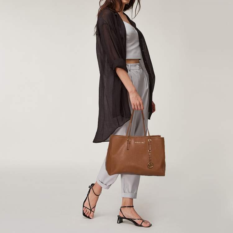 Pre Owned Michael Kors Brown Leather Large Jet Set Travel Tote