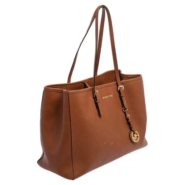 Pre Owned Michael Kors Brown Leather Large Jet Set Travel Tote