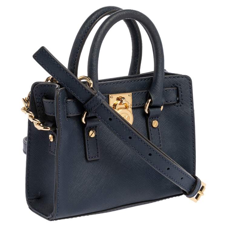 Pre Owned Michael Michael Kors Navy Blue Leather Hamilton Mini Tote