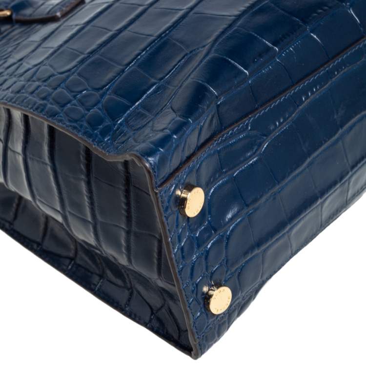Pre Owned Michael Michael Kors Blue Croc Embossed Leather Dillon Tote