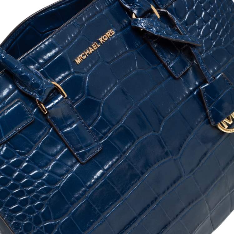 Pre Owned Michael Michael Kors Blue Croc Embossed Leather Dillon Tote