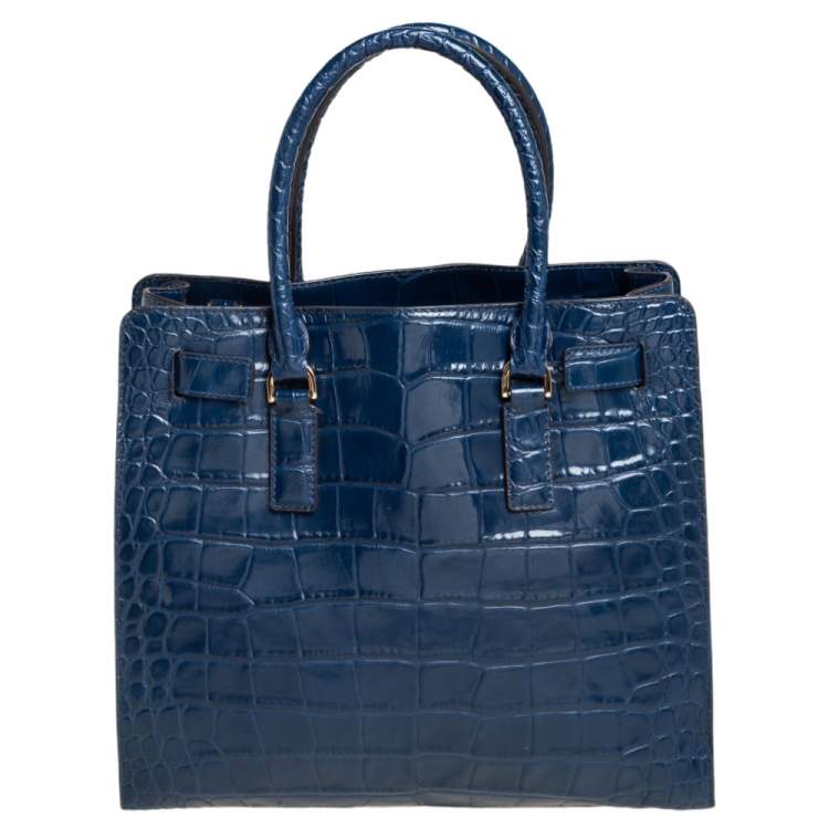 Pre Owned Michael Michael Kors Blue Croc Embossed Leather Dillon Tote
