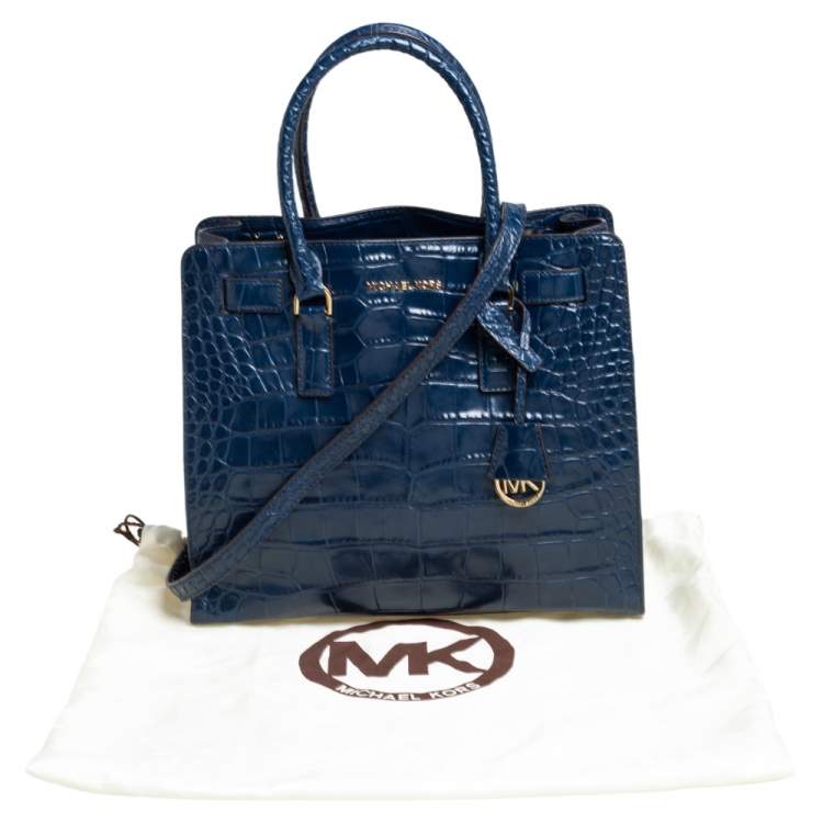 Pre Owned Michael Michael Kors Blue Croc Embossed Leather Dillon Tote