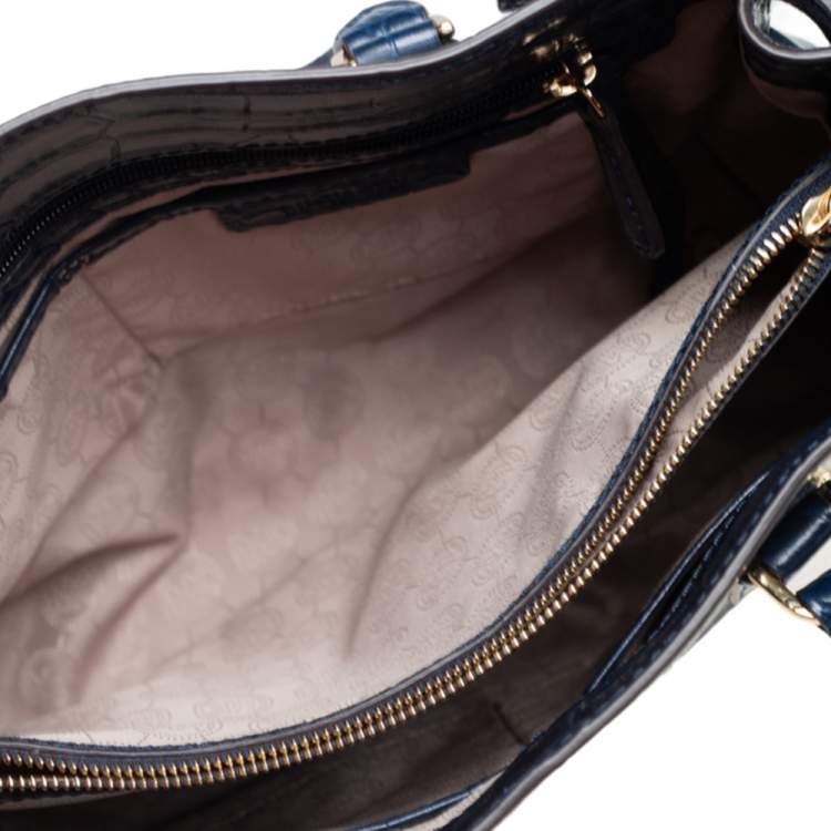 Pre Owned Michael Michael Kors Blue Croc Embossed Leather Dillon Tote