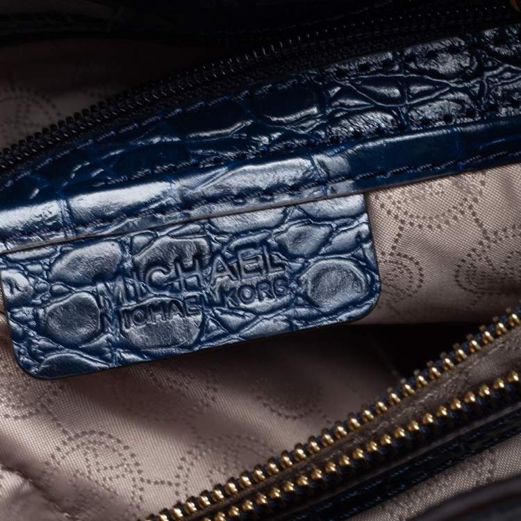 Pre Owned Michael Michael Kors Blue Croc Embossed Leather Dillon Tote