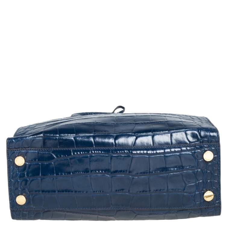 Pre Owned Michael Michael Kors Blue Croc Embossed Leather Dillon Tote