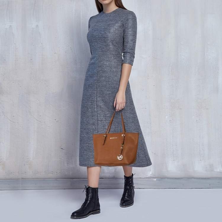 Pre Owned Michael Kors Brown Leather Jet Set Tote