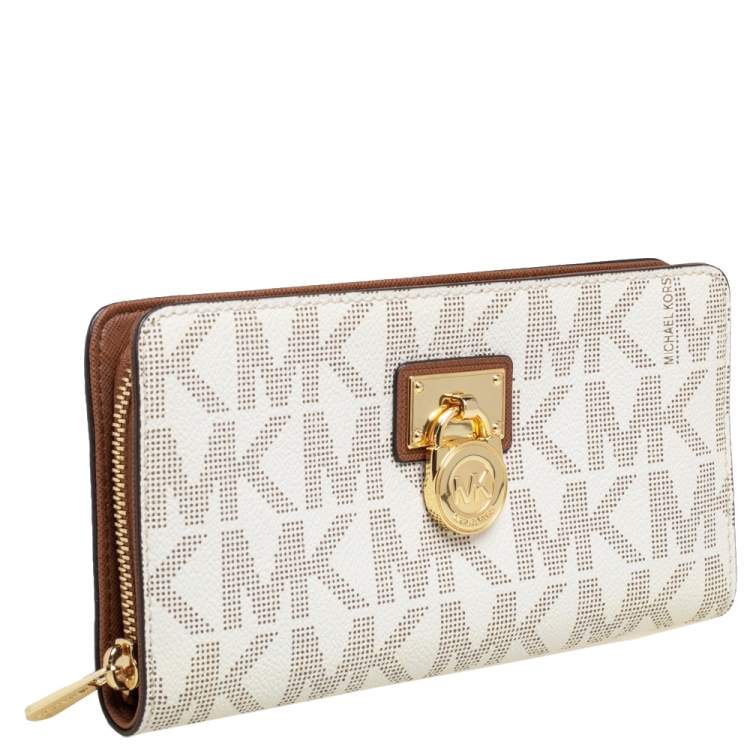 Pre Owned Michael Kors  Beige Coated Canvas Hamilton Zip Around Wallet