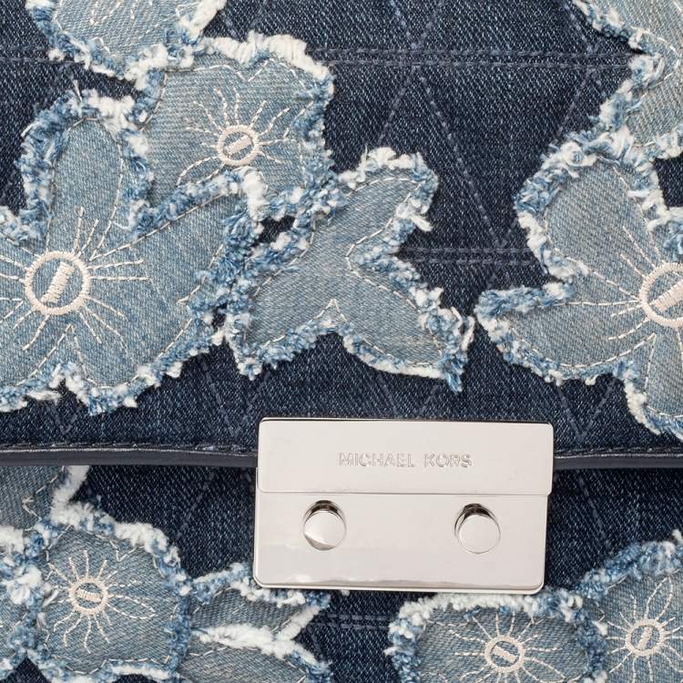 Pre Owned Michael Kors Blue Floral Denim Sloan Shoulder Bag
