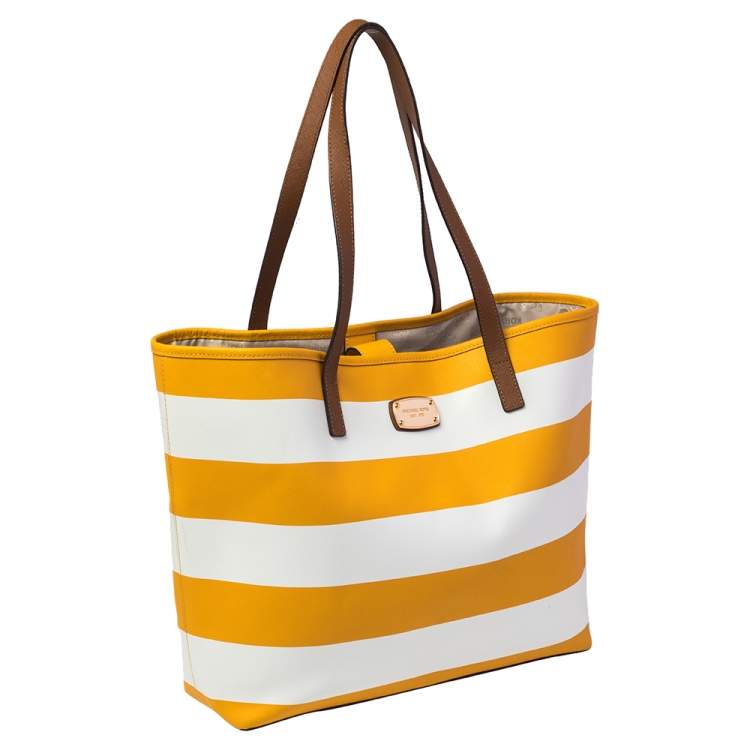 Pre Owned MICHAEL Michael Kors Yellow/White Striped Leather Medium Jet Set Travel Tote